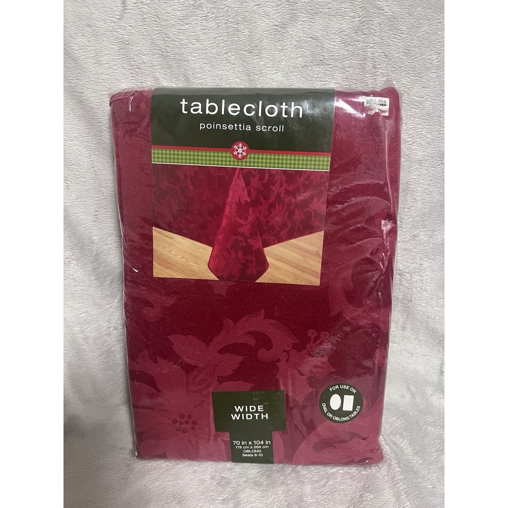 Bed Bath & Beyond 70 X 104" Ruby Red Damask Poinsettia Scroll Tablecloth New